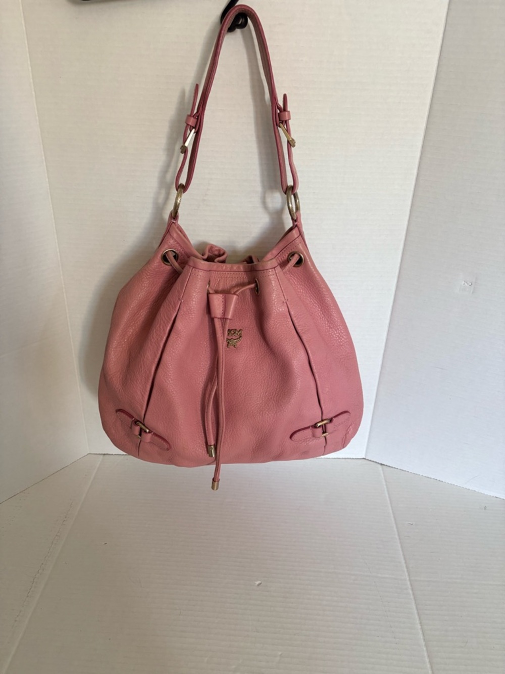 MCM Pink Leather Drawstring Bucket Shoulder Bag